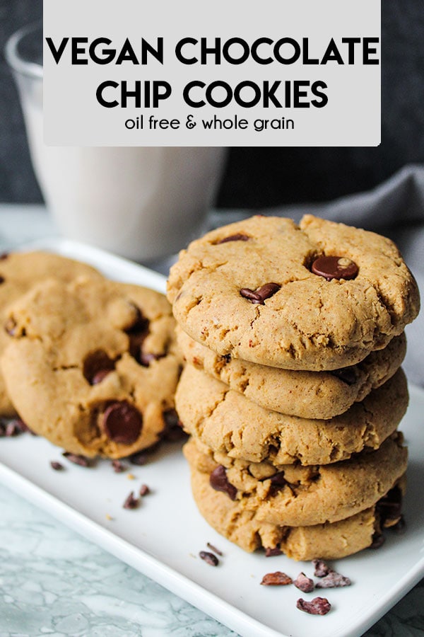 My absolute favorite chocolate chip cookies. Vegan with a nice crisp outside and super gooey inside. Easy to make, oil free and full of whole grains. | plantbasedrdblog.com
