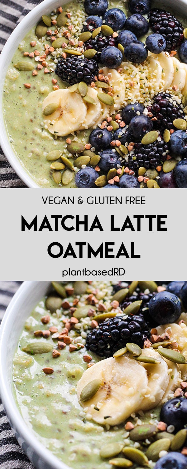 The ultimate bowl of oatmeal that reminds me of enjoying a delicious matcha latte. Creamy, delicious and no added sugar needed for these vegan matcha latte oats. The perfect breakfast bowl if you are in an oatmeal rut. #breakfastbowl #vegan #matchalatte #brunch #veganbreakfast #oatmeal