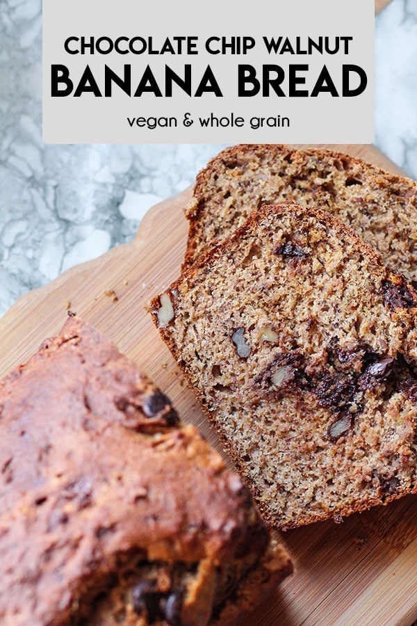 A vegan chocolate chip walnut banana bread that is quick and easy to put together. Perfect balance of sweetness, excellent source of fiber and uses only basic pantry ingredients. #bananabread #healthybananabread #vegandessert #healthydessert