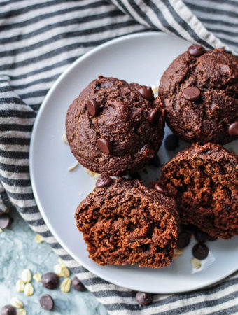 Gluten free, vegan double chocolate chip muffins. Made with less sugar and using basic pantry friendly ingredients.