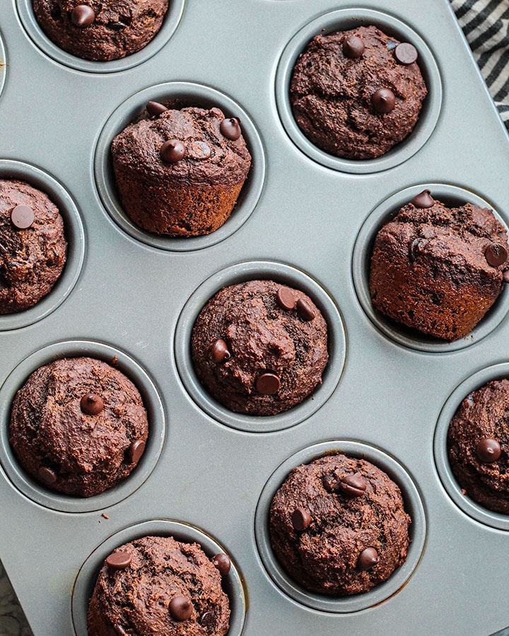 Double chocolate chip muffins out of the oven and ready to eat.