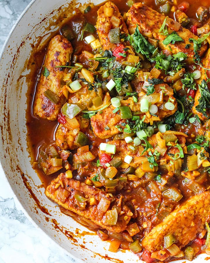 This vegan "pollo" guisado using tempeh, is a take on the classic Dominican stewed chicken I grew up. Still bursting with Latin spices and easy to make!