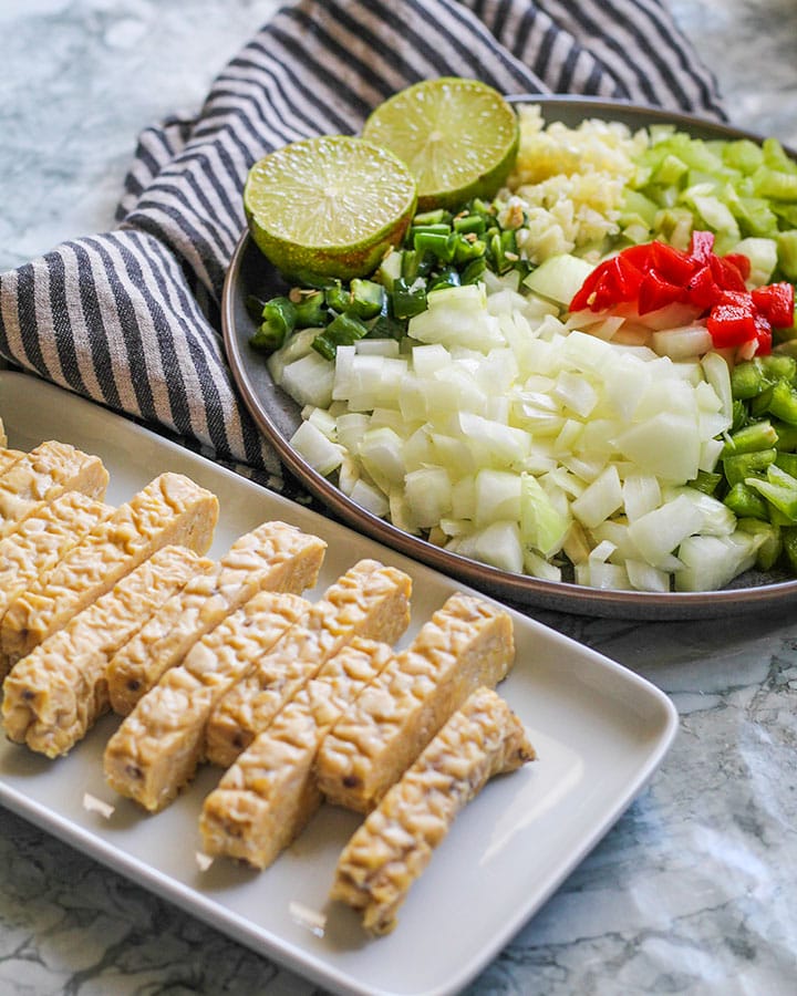 Here are all the ingredients you need to make a super flavorful vegan "pollo" guisado. Don't forget the adobo and sazon!