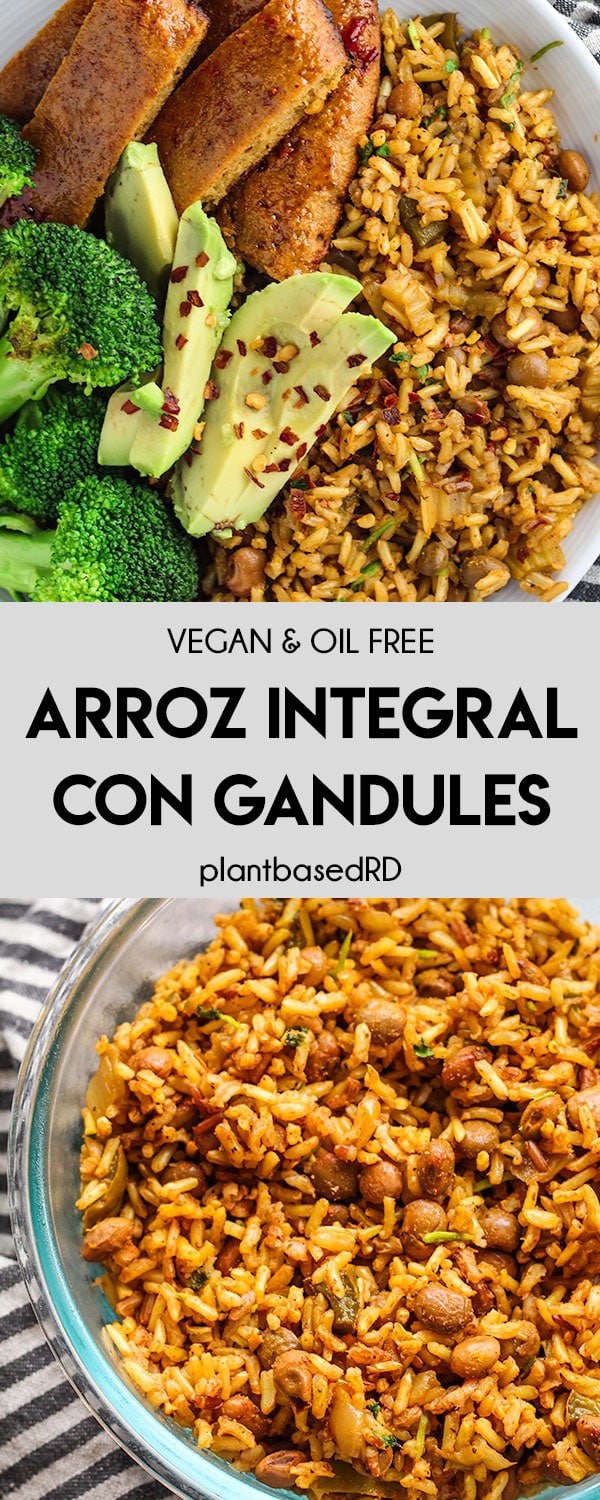 This arroz integral con gandules is a healthier take on the classic rice dish without compromizing the delicious latin flavors. Easy to make and meal prep for the week to compliment other plant based proteins. | plantbasedrdblog.com