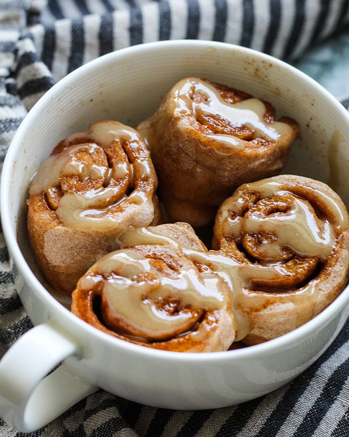 This vegan cinnamon roll mug cake is a fun, single serve dessert that is easy to make, only needs a few ingredients and cooks in about 1 minute. 