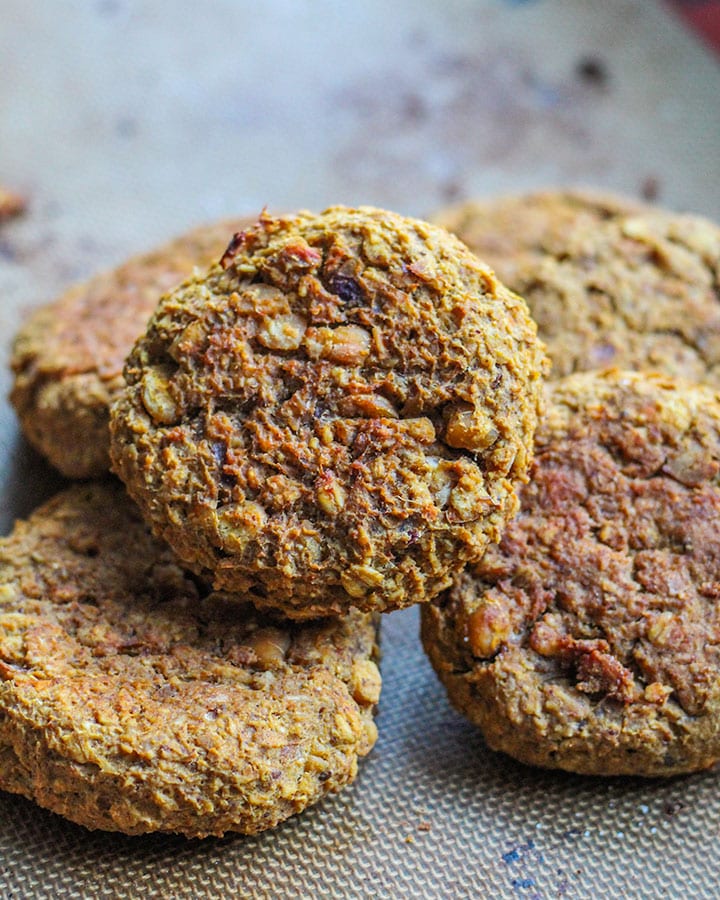 Chickpea burgers out of the oven and ready to be eaten.