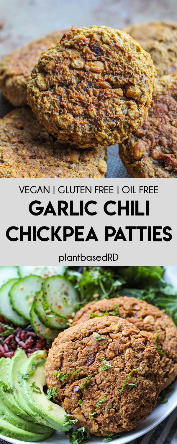 These baked garlic chili chickpea patties are all flavor and easy to make. Healthy, satisfying and loaded with plant based protein. Perfect for meal prep too! | plantbasedrdblog.com