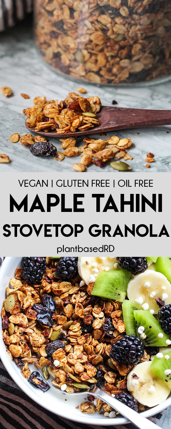 This maple tahini stovetop granola is super easy and quick to make. Tastes like you baked it in the oven. Perfect breakfast meal prep!