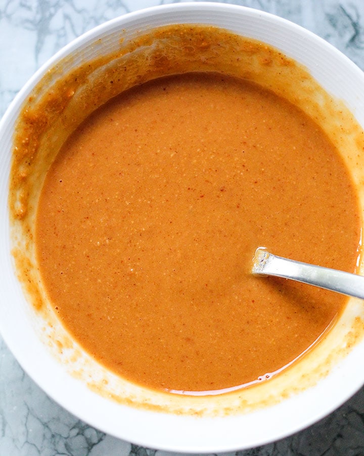 Peanut sauce fully combined and smooth after mixing.