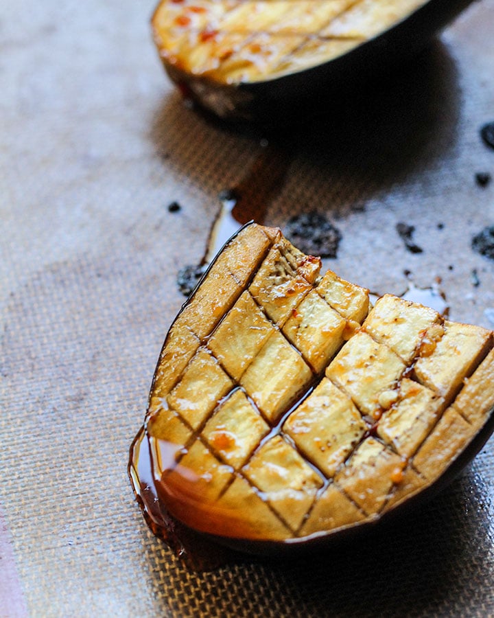 Roasted eggplant as it appears after first round of baking with miso sauce.