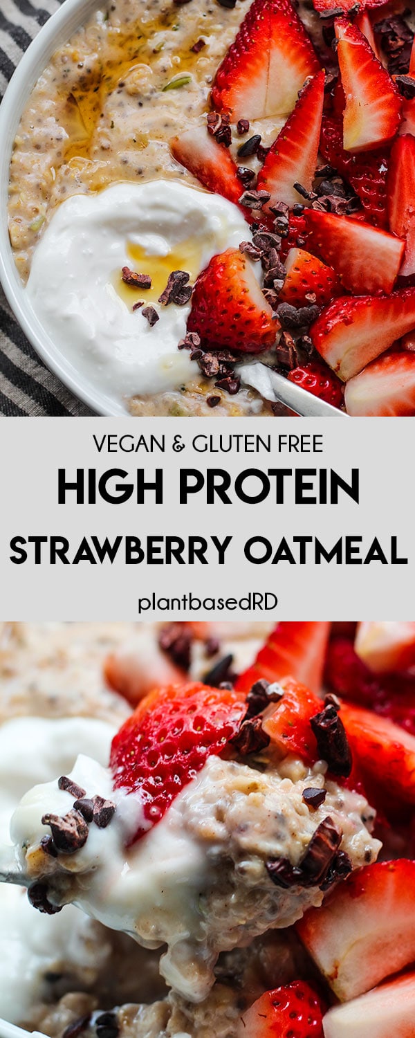 This creamy bowl of high protein strawberry oatmeal feels like spring in a bowl and is loaded with 19 grams of plant protein. The perfect filling, vegan and gluten free breakfast for everyone. | plantbasedrdblog.com