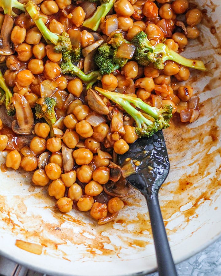 Pan of sweet and sour chickpeas in a pan.