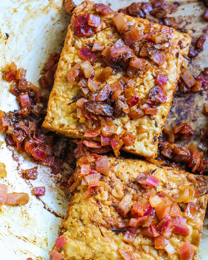 Tempeh in pan after liquid has cooked off.