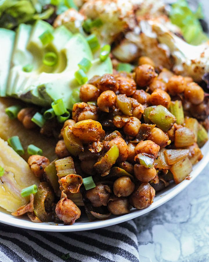 Side angle shot of mustard chili chickpeas.