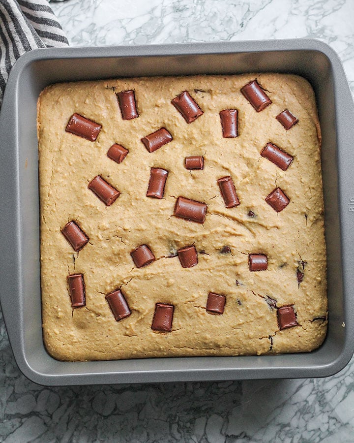 Tray of chickpea blondies out of the oven and ready to cool.