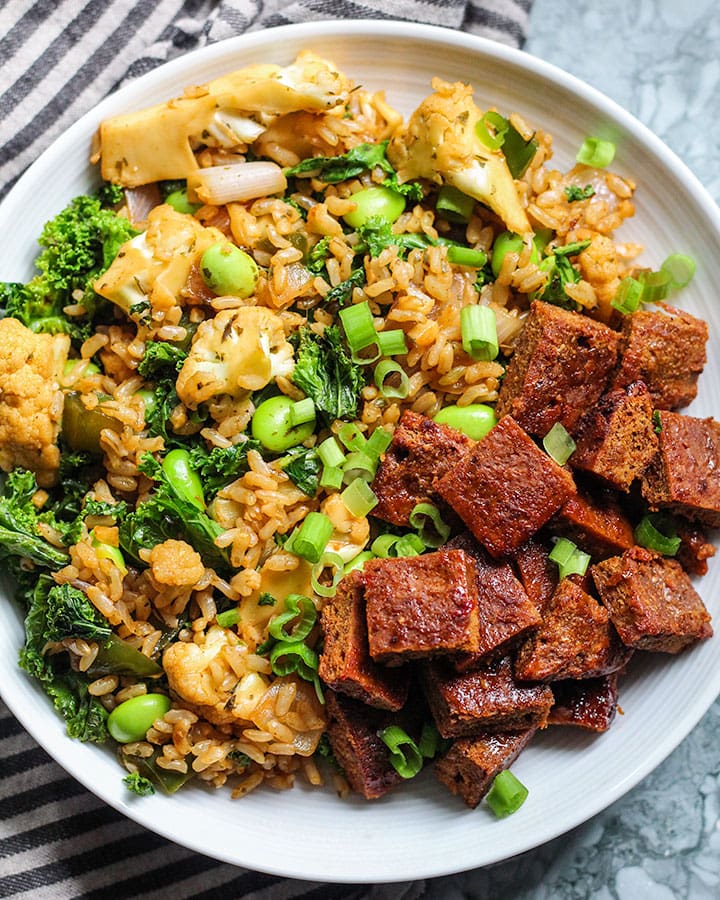 Plate of Chofan (fried rice) and some roasted seitan.