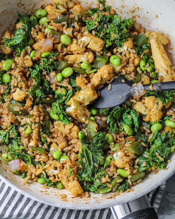 Final dish of fried rice and vegetables.