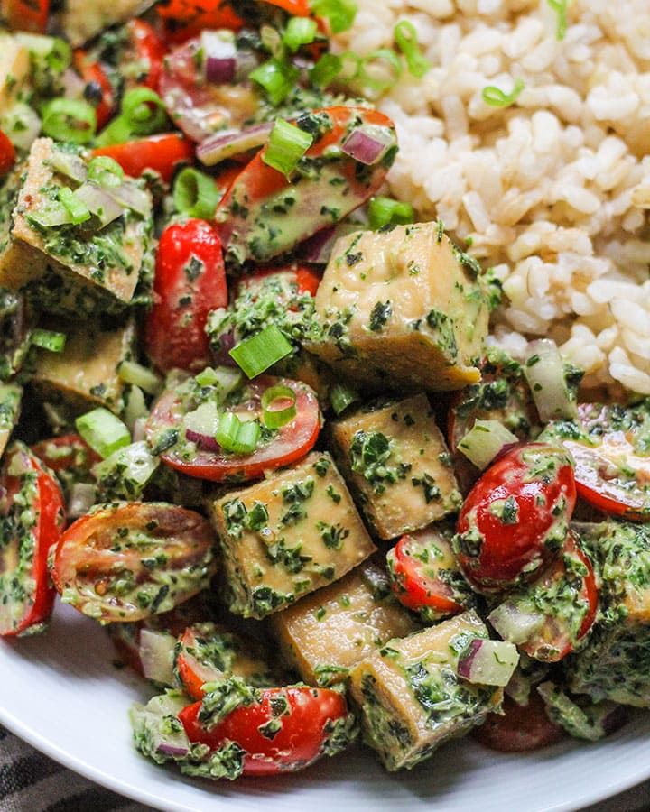 Tofu salad from side view.