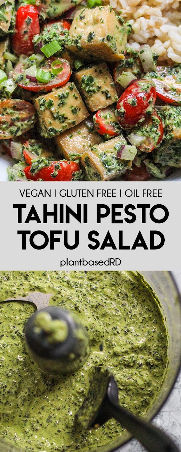 This tahini pesto tofu salad uses an untraditional pesto sauce rich in basil and tahini. The perfect pairing for a lite summery tofu salad.