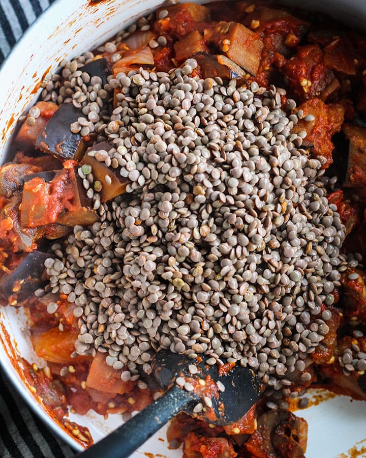 Mixing in freshly rinsed dry lentils into pan with tomatoes and spices.