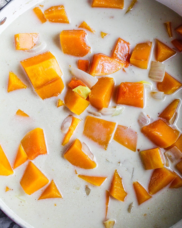 Butternut squash and other veggies mixed with coconut milk.