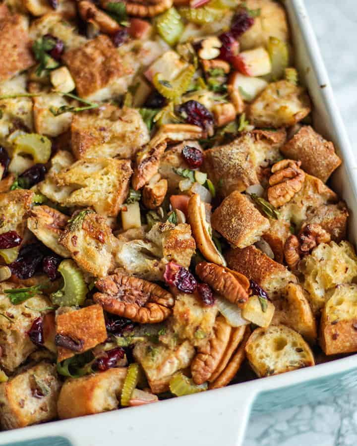 Side view of cranberry pecan stuffing right out of the oven, perfectly golden.