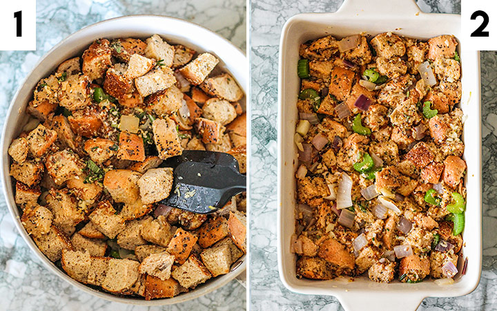 In photo 1, you can see the bagel cubes being combined with the sautéed vegetables, flax egg, and herbs. In photo 2, you see the wet stuffing being placed in a baking dish ready to bake in the oven.