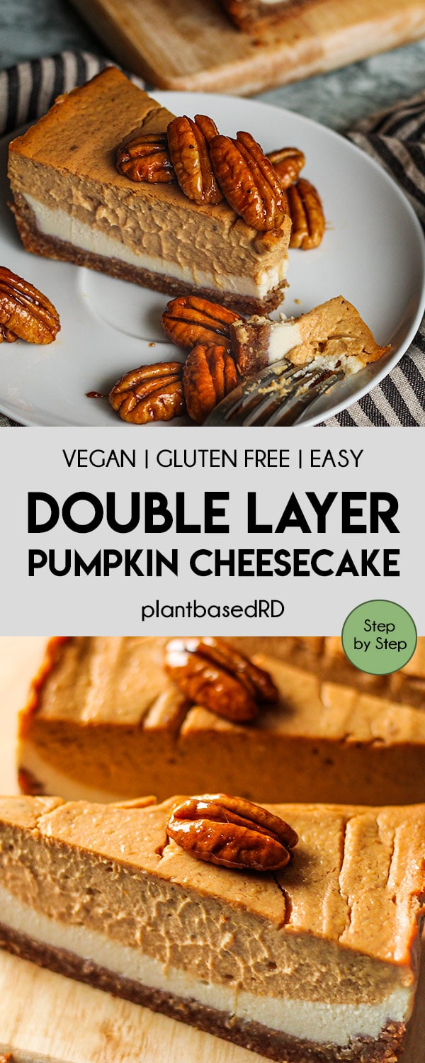 This vegan double layer pumpkin cheesecake is the perfect holiday dessert featuring both a vanilla and pumpkin layer. Easy and delicious!