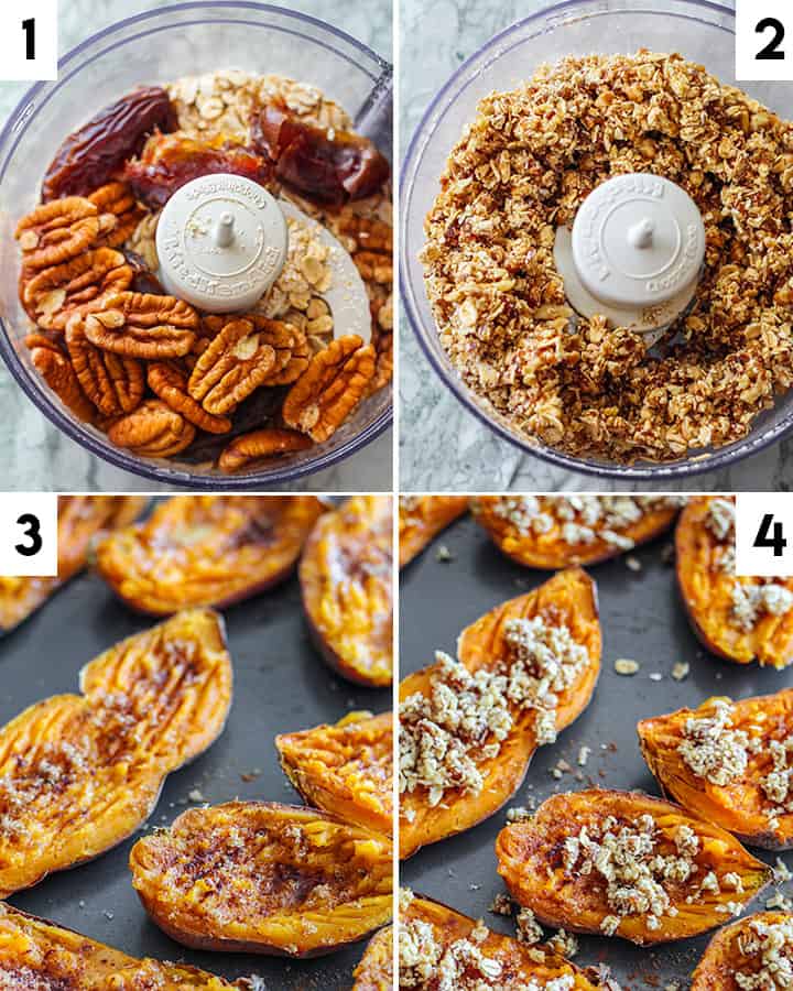 Steps of making the sweet potato boats, which includes first placing your oats, dates, pecans in a food processor and blitzing to make a crumble. Then add your butter, cinnamon and sugar on top of your baked sweet potato, then sprinkle oat crumble overtop potato.