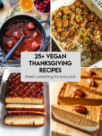 Header highlighting 4 vegan Thanksgiving recipes from the roundup including cheesecake, glazed tofu, cranberry meatballs, and stuffing!