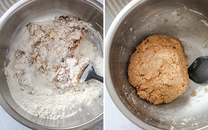 Combining wet and dry cookie ingredients in a bowl and working to form it into a smooth dough ball.