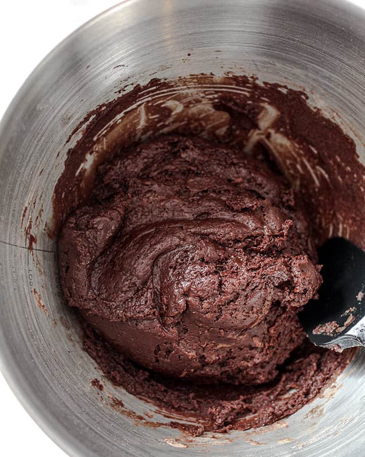 A mixing bowl with freshly folded chocolate chip peppermint cookie dough.