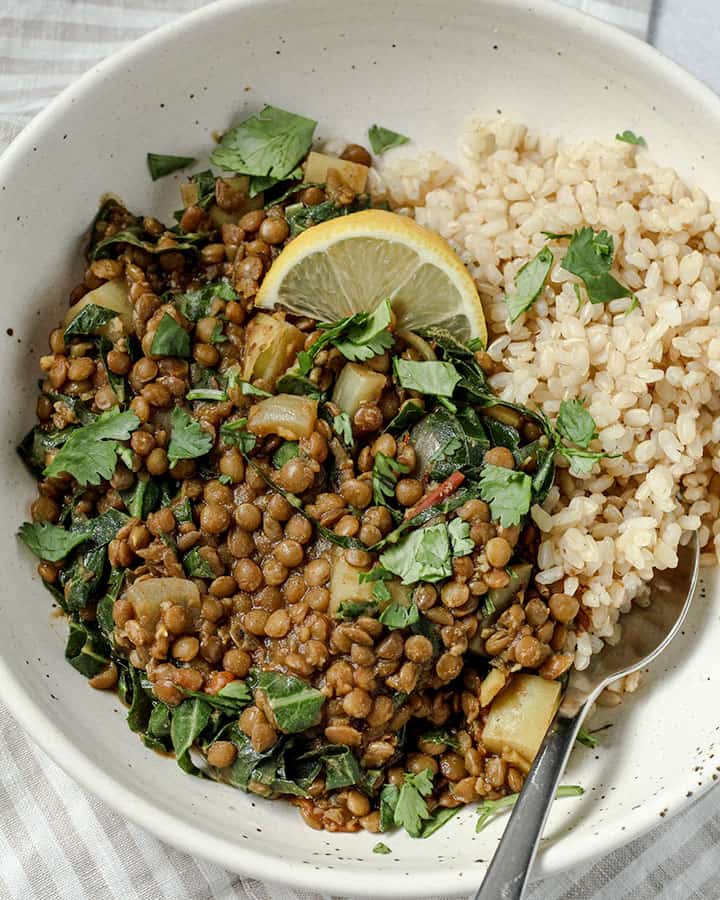 Far out shot of a white bowl with brown rice, curry lentils, cilantro sprinkled on top with a spoon tucked into the side.