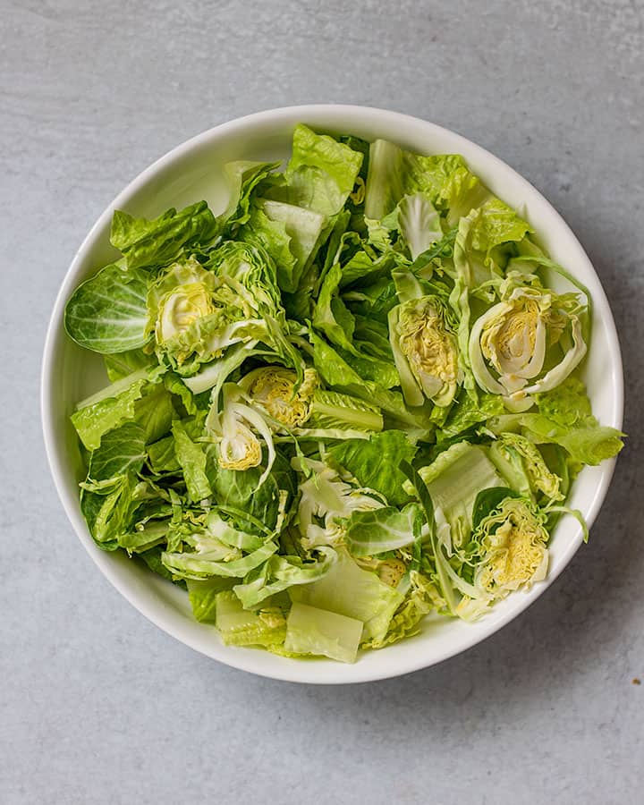 White bowl filled with romaine lettuce and shaved brussel sprouts.
