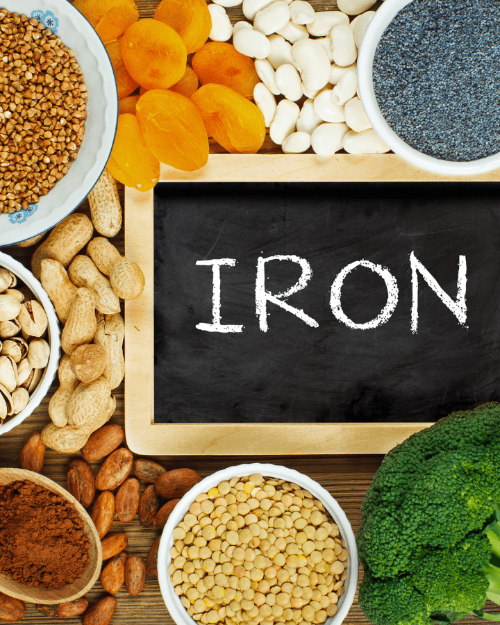 Beans, nuts, dried fruit, broccoli, chia seeds, whole grains and lentils surrounding a black board with the word iron written on it.