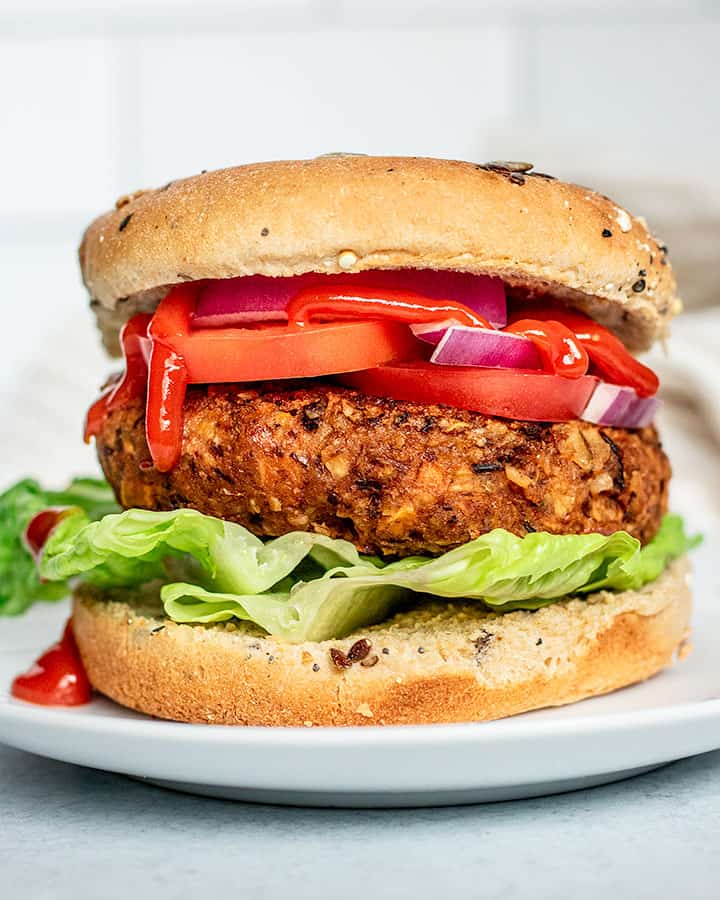 Close up shot of burger with ketchup.