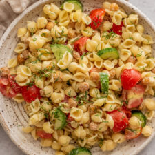 Chickpea Pasta Salad with Creamy Lemon Tahini Dressing