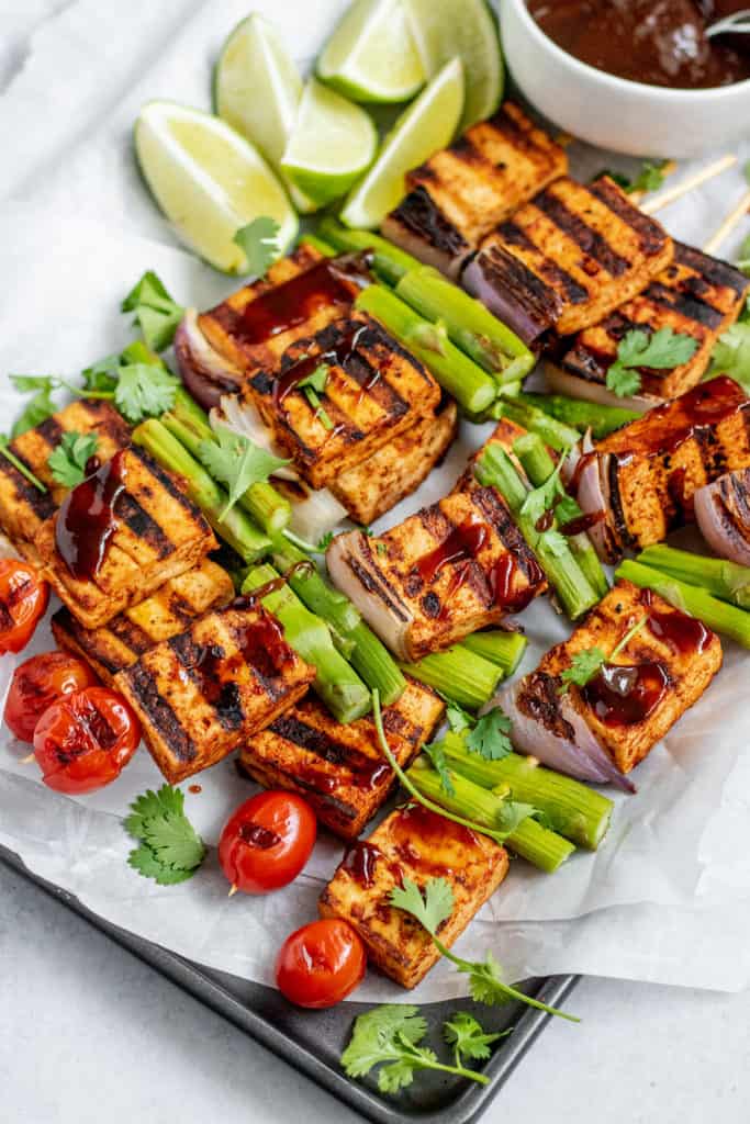 Grilled tofu and veggies topped with cilantro and BBQ sauce.