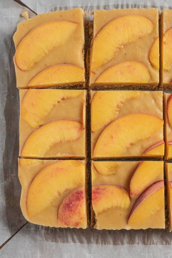 Peach bars after cutting into squares.