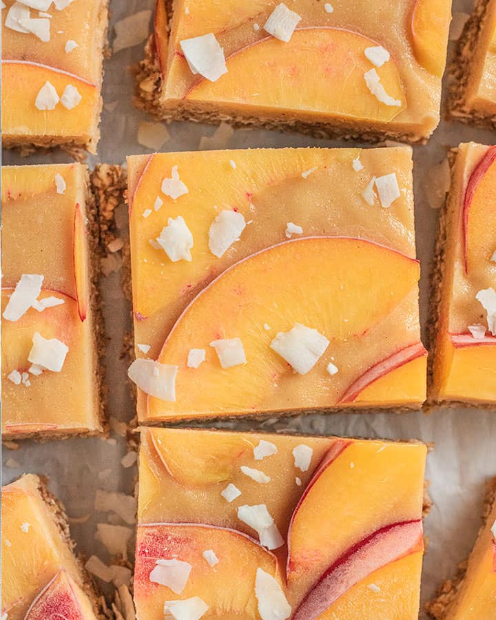 Close up shot of the peach topped bars.