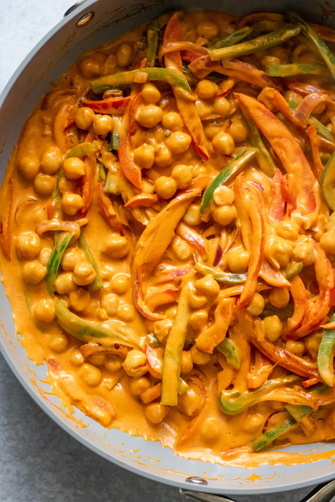 Chickpeas and peppers folded together with the chipotle orange sauce.