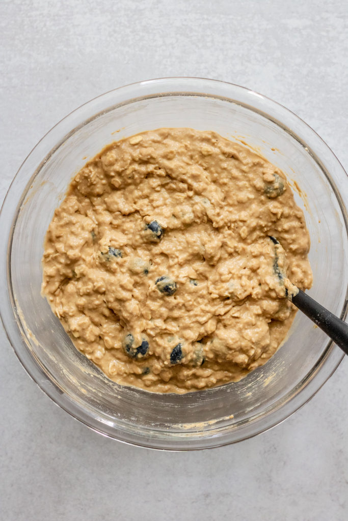 Muffin batter after soaked oats are mixed in.