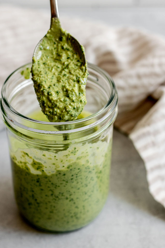 Homemade pesto in a jar ready to use for the week.