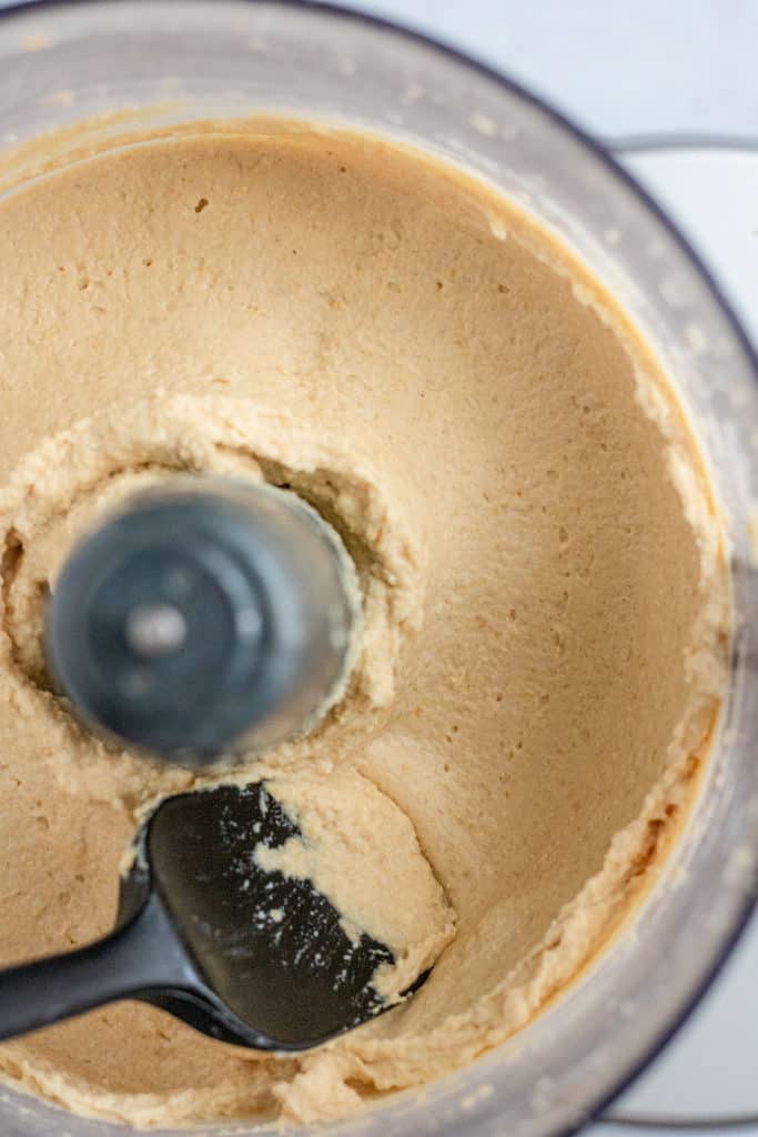 Creamy hummus after blending in a food processor.