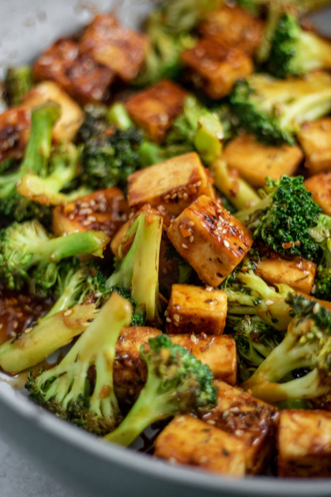 The tofu and broccoli stir fry coated in the nice and glossy stir fry sauce.