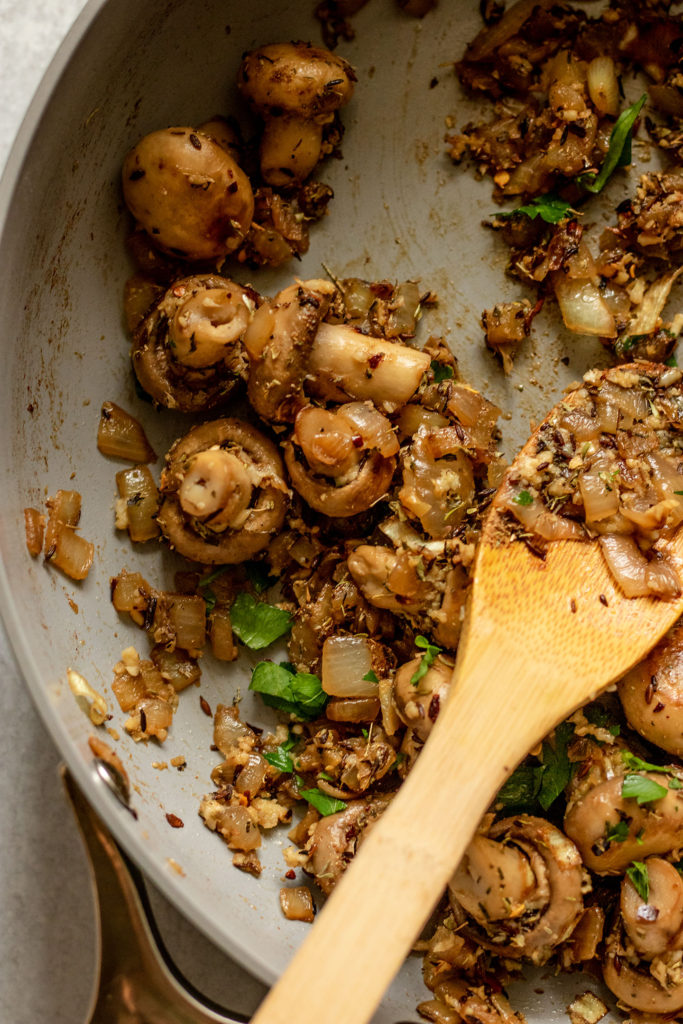 Mushrooms and onions mixed together with remaining herbs and spices.