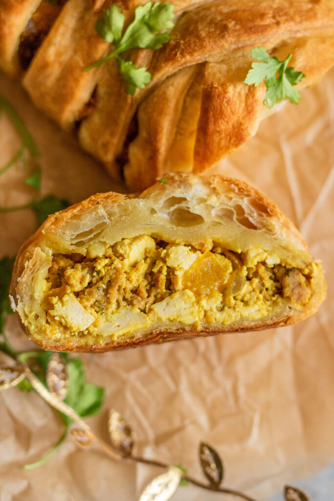 View of the inside of the tofu scramble and vegan stuffed puff pastry.