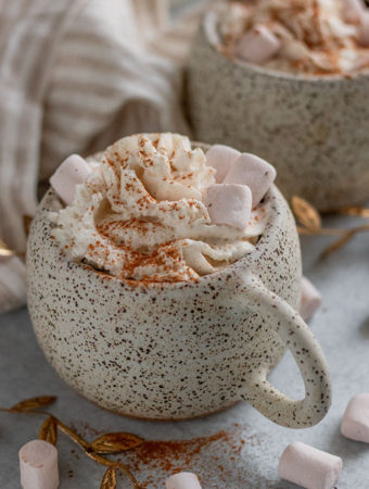 Close up of two mugs of hot cocoa with whip cream and marshmallows.