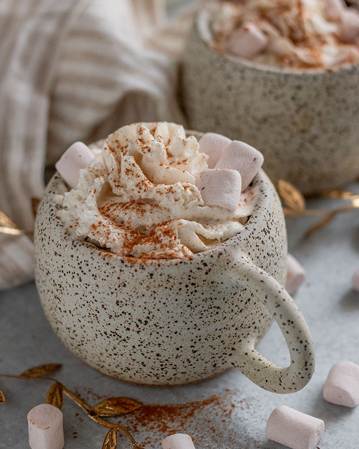 Close up of two mugs of hot cocoa with whip cream and marshmallows.