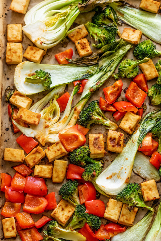 Tofu and vegetables after baking in the oven.